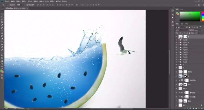 西瓜背景图片小清新「蓝色的海洋西瓜创意ps制作」